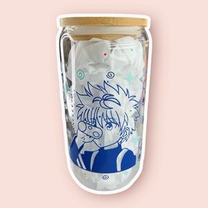 Anime Character Glass Can with Bamboo Lid and Straw